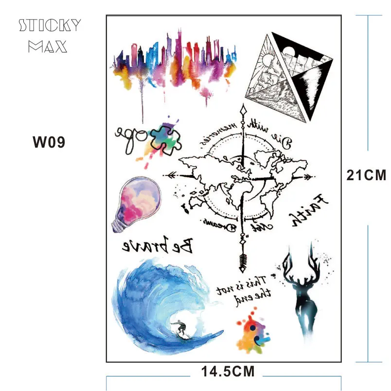 W09 1 шт акварельные путешествия карта мира нетоксичные татуировки с днем и ночью треугольник, город, серфинг, головоломки дизайны татуировки - Цвет: W009