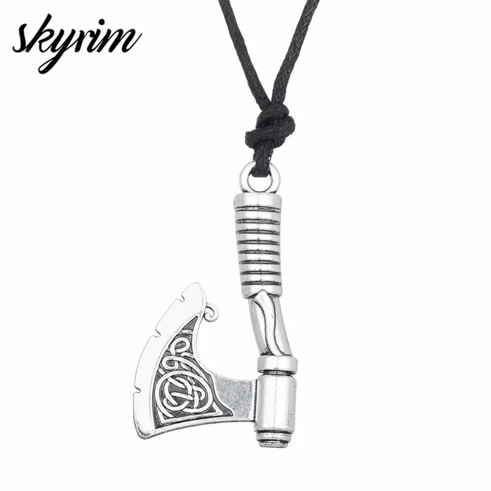 

Skyrim Vintage Jewelry Slavic Perun Axe Charm 3D Pendant Necklace Antique Silver Color Amulet Perun Opal Viking Necklaces Gift