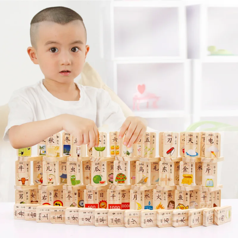 MWZ 100pcs Wooden Domino Blocks Learning Chinese Characters for Kids