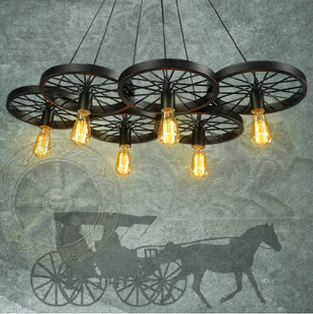 Vintage Loft Personality Wrought Iron Wheel Pendant Light Industrial Retro Edison Bulb Decorative Pendant Lamp Fixture Lightings