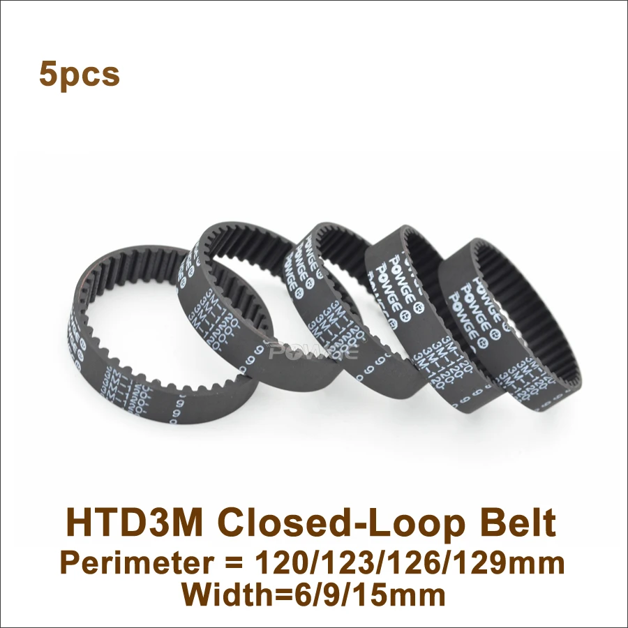 

POWGE 5pcs 120 123 126 129 3M Timing Belt W=6/9/15mm T=40/41/42/43 HTD 3M Rubber Closed-Loop Belt 120-3M 123-3M 126-3M 129-3M
