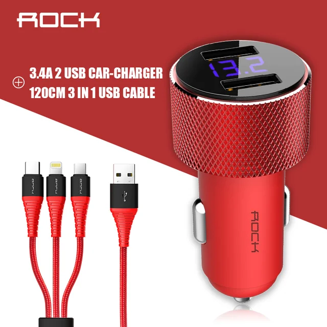 Best Price ROCK Hi-Tensile 3 in 1 Cable 3A For Lighting Micro USB Type C OnePlus Fast Charging 120CM +  3.4A Dual 2 USB Car Charger LED