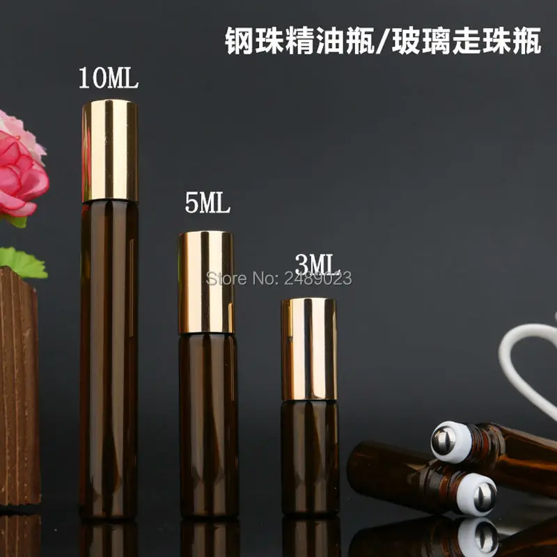 

20pcs 3ml 5ml 10ml Amber Roll On Roller Bottles for Essential Oils Refillable Perfume Bottle Deodorant Containers with Gold lid