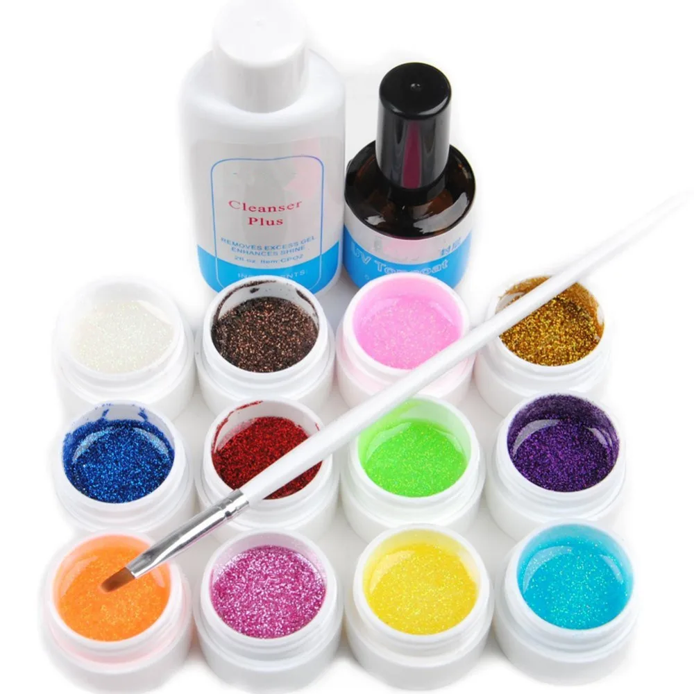 Aliexpress Buy New Glittery 12 UV Gel Builder Nail Art Cleanser Plus Top Coat Set Tips Kit 