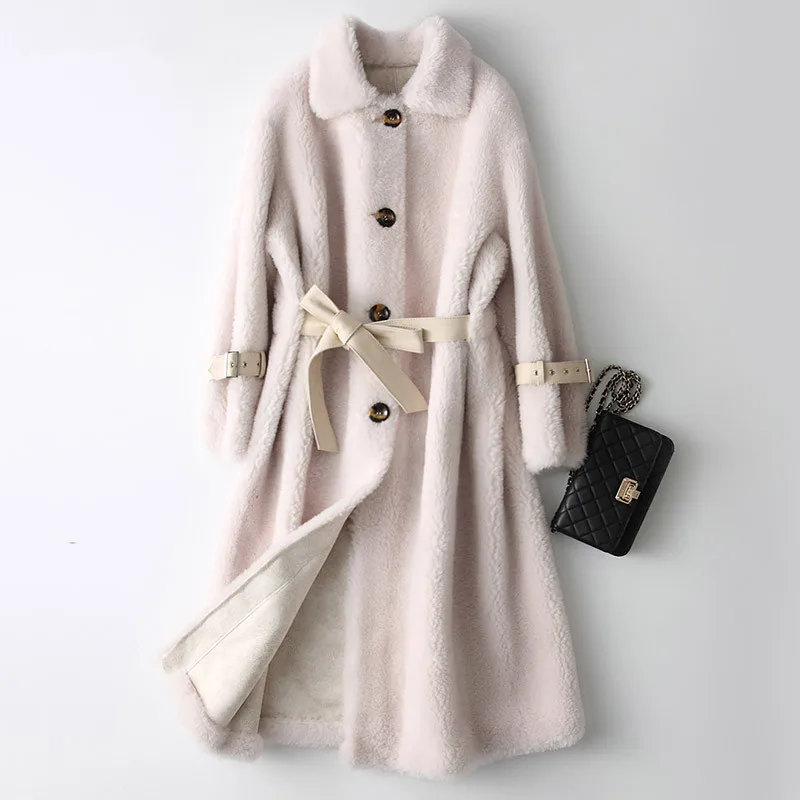 Натуральное меховое пальто, стрижка овец, меховая осенне-зимняя женская куртка, шерстяное пальто, женские корейские розовые куртки Manteau KQN18225 Y2026 - Цвет: cream white