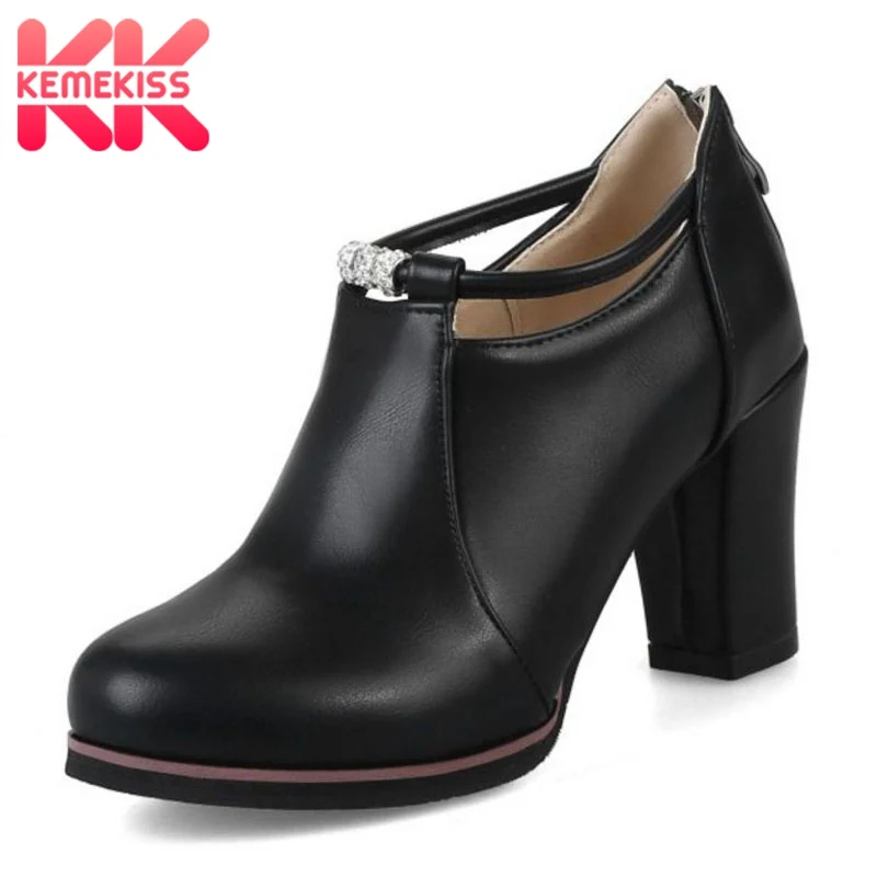 

KemeKiss Plus Size 32-48 Fashion Women High Heel Shoes Beading Round Toe Office Lady Thick Heel Pumps Party Club Lady Footwear