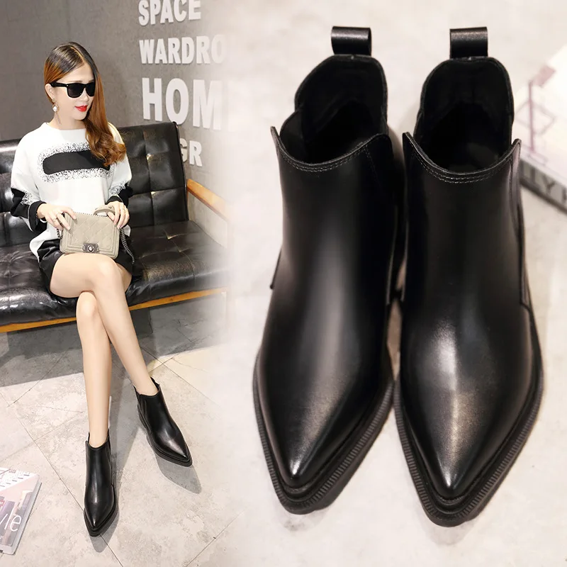 

High quality pointed toe leather botas mujer winter plush martin boots women thick bottom elastic slip on ankle booties shoes