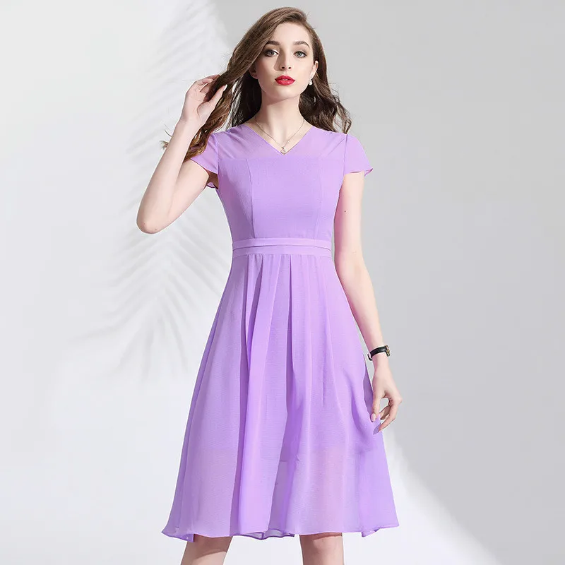 

Dress Summer 2019 Women's New Short Sleeved V-Neck Pink Purple Solid Color Chiffon Perspective Slim A-Line Dress Knee Length
