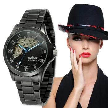 

2020 Fashion Multifunctional WINNER Men Women Watch Full Steel Sport Wristwatch Black Automatic Mechanical Watch Clock Hours