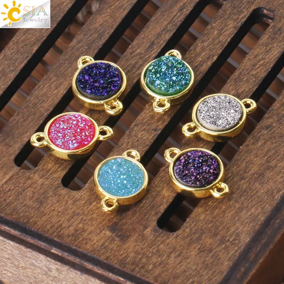 

CSJA Medium Natural Druzy Beads for Jewelry Making Round Two Buckle Druse Drusy Charms Necklace Bracelet Accessory 12 Color S274