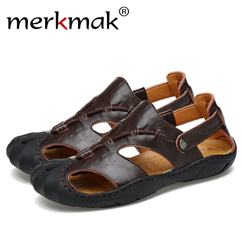 

Merkmak Genuine Leather Summer Soft Male Sandals Shoes For Men Breathable Light Beach Casual High Quality Walking Sandal Size 48