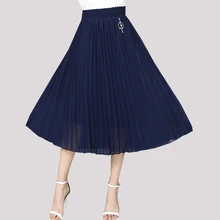 Новинка, летняя плиссированная юбка, женская шифоновая юбка с высокой талией, длинная свободная женская Юбка До Колена, однотонная, темно-синяя, Черная