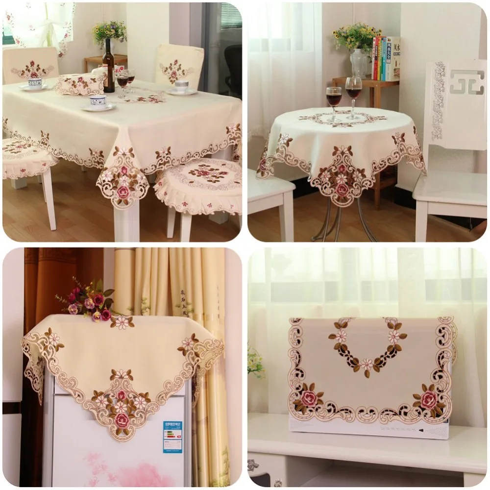 الأبيض زهرة الجدول القماش مع الدانتيل القطن طباعة النمط الصيني مفارش مستطيلة الطعام الغلاف ديكور المنزل 6 الحجم