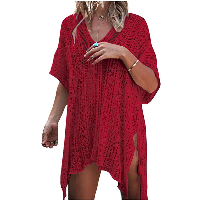 

Women Kintted Tassel Tie Beach Cover Up Dress Sexy Solid See-through Split Ladies Dresses 2019 Summer Beachwear Female Vestidos