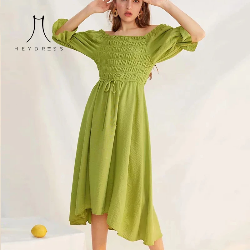 Heydress женское однотонное Повседневное платье с пышными рукавами офисное женское зеленое плиссированное платье трапециевидной формы женское платье с высокой талией на шнуровке