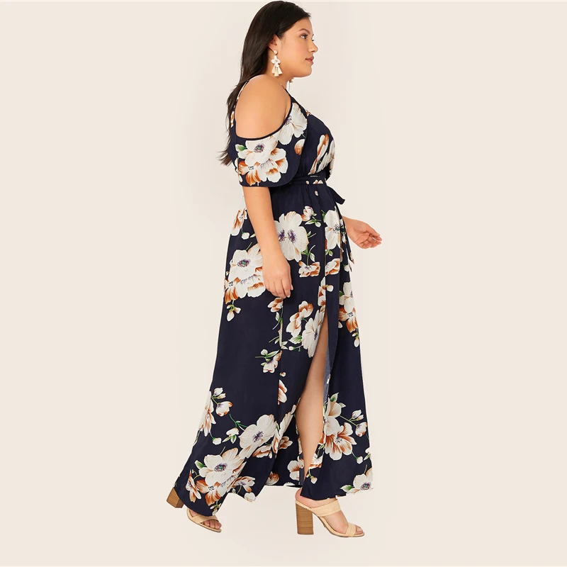 SHEIN, Платье макси с открытыми плечами размера плюс, растительное платье с запахом,, женское летнее платье в стиле бохо, облегающее и расклешенное платье с высокой талией на тонких бретелях