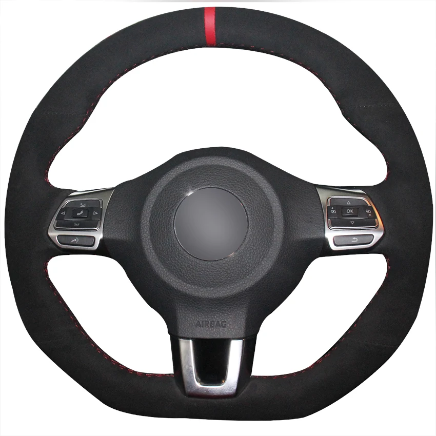 XuJi Black Suede Red Marker Car Steering Wheel Cover for Volkswagen Golf 6 GTI MK6 VW