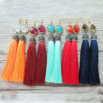 

5 pairs Faceted Glass Crystal Connector Double Bails with Boho Rhinestone Stone Tassel Dangle Charms Jewelry Earrings ER228