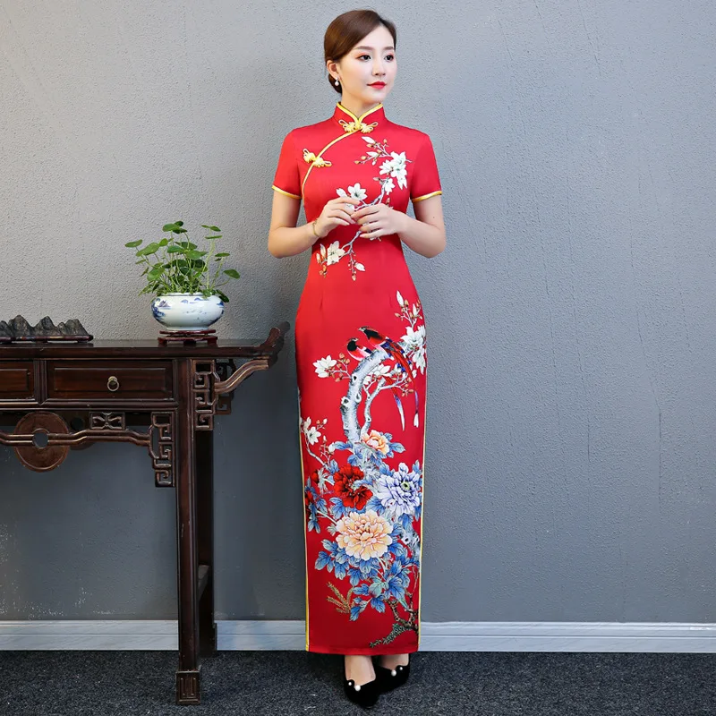 Китайский Винтаж печатных Для женщин тонкий Cheongsam невесты свадебное вечернее платье атласное длинные Qipao производительность Vestidos Размеры