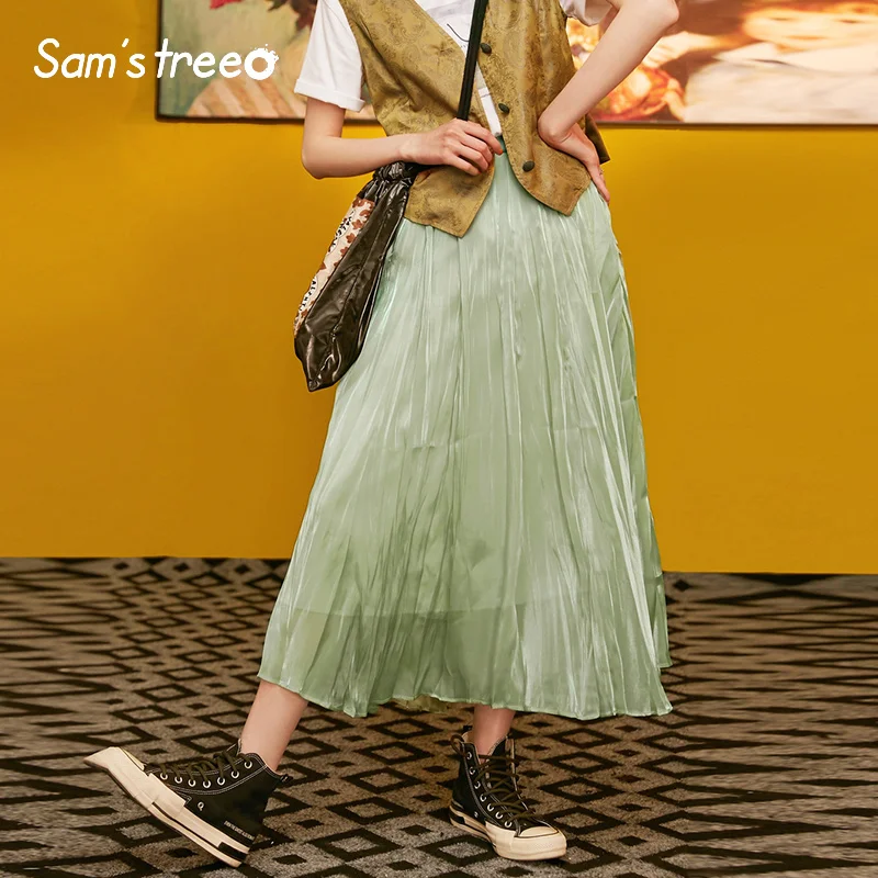 

Samstree Vintage Women Pleated Skirts,2019 Autumn New Fashion Female Bottoms Streetwear Casual Basis Solid Office Lady Skirt
