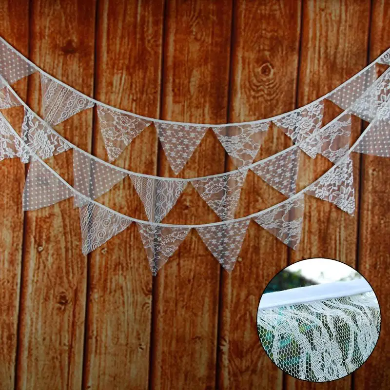 

11 Flags 3.2m White Lace Cotton Fabric Bunting Pennant Flag Banner Garland Wedding/Birthday/Baby Show Party Decorative Accessory