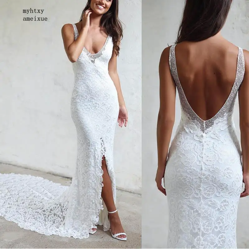 

Beautiful Cheap China Long White Mermaid Lace Ivory Beach Wedding Dresses 2019 Bridal Gowns Vestido De Noiva With Chapel Train