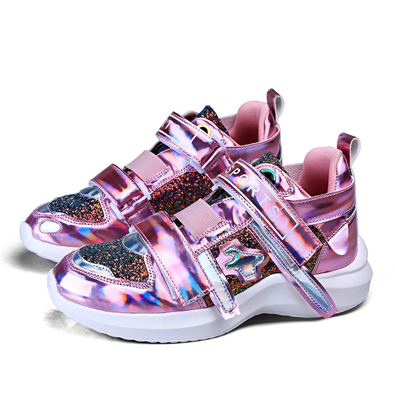 Розовый Laser Symphony PV mirror sports shoes women's vulcanized shoes rubber and plastic outsole non-slip wear-resistant large size - Цвет: Розовый