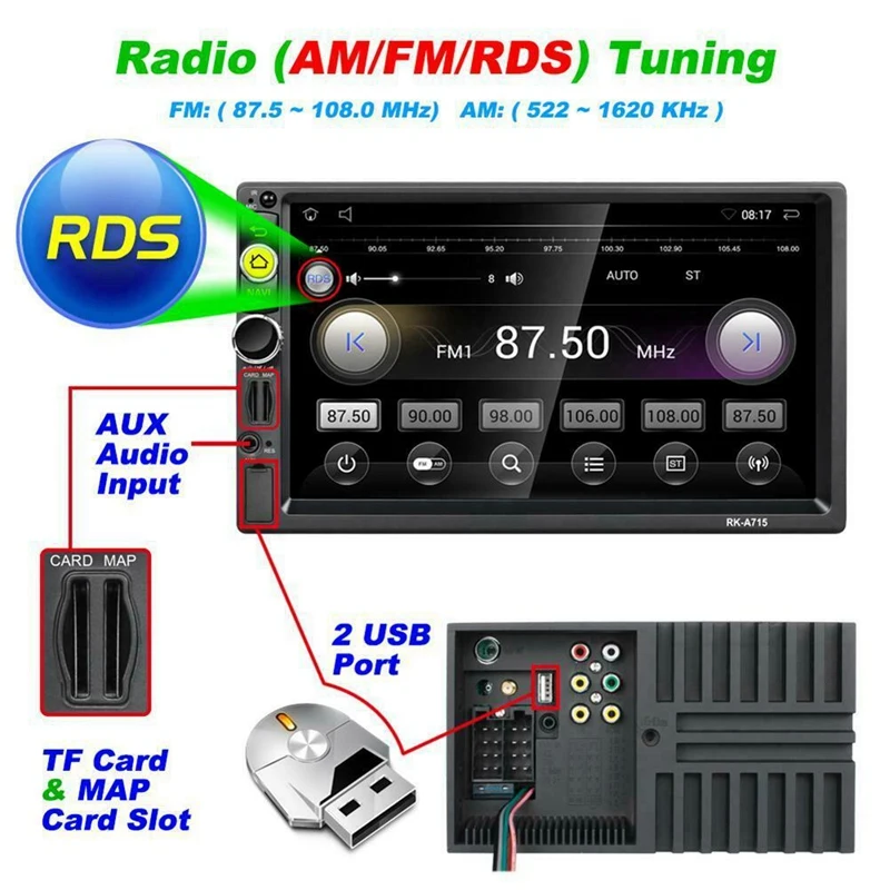 2Din Android 7,1 7 дюймов Автомобильный стерео Mp5 плеер, Wi-Fi, Gps Navi Rds Am Fm радио