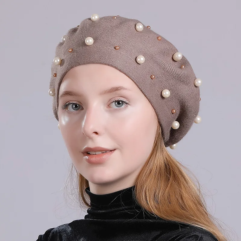 khaki Женский берет, зимняя шапка, вязаная, теплая, кашемировая, шерстяная, жемчужная, осенняя, модная шапка, лыжный аксессуар, Женский однотонный цветной головной убор - Цвет: khaki