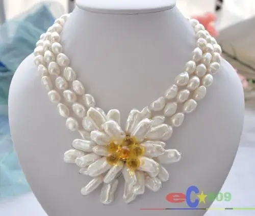 

FREE SHIPPING>>>@@ > wholesale 3row white baroque pearl handmade biwa citrine flower necklace