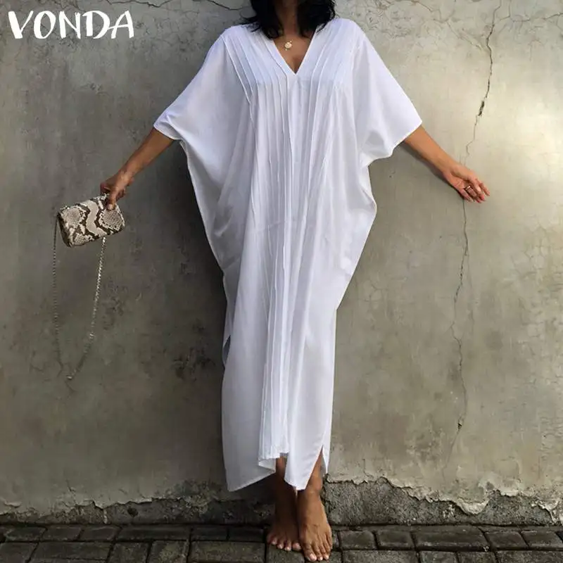 VONDA богемные Длинные платья женское летнее платье сексуальное с v-образным вырезом с разрезом по подолу повседневные свободные вечерние платья Vestidos винтажный халат большого размера