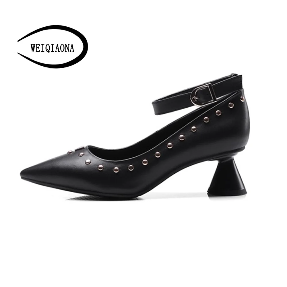 Cuero Genuino Elegante De Individual Correa Femenino Negro Señaló Moda Bombas Partido Zapatos Weiqiaona Del Vestido Tacones desnuda Mediados Remache Sexy Tobillo O64n7q