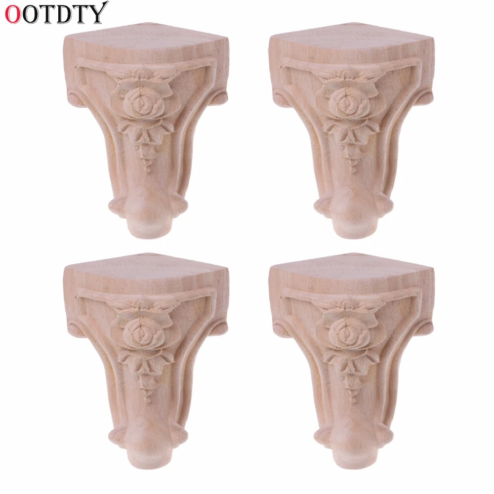 

OOTDTY 4 pcs Wooden Furniture Legs Solid Wood Flower Carved TV Cabinet Seat Feet No Painting