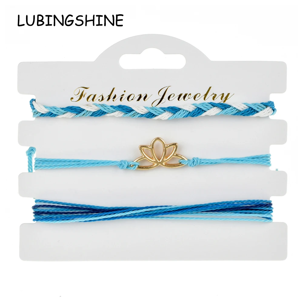 

3pcs/set Lotus Flower Charms Weave Bracelet for Women Child Adjustable Rope Chain Yoga Anklet Wristband Jewelry Gift