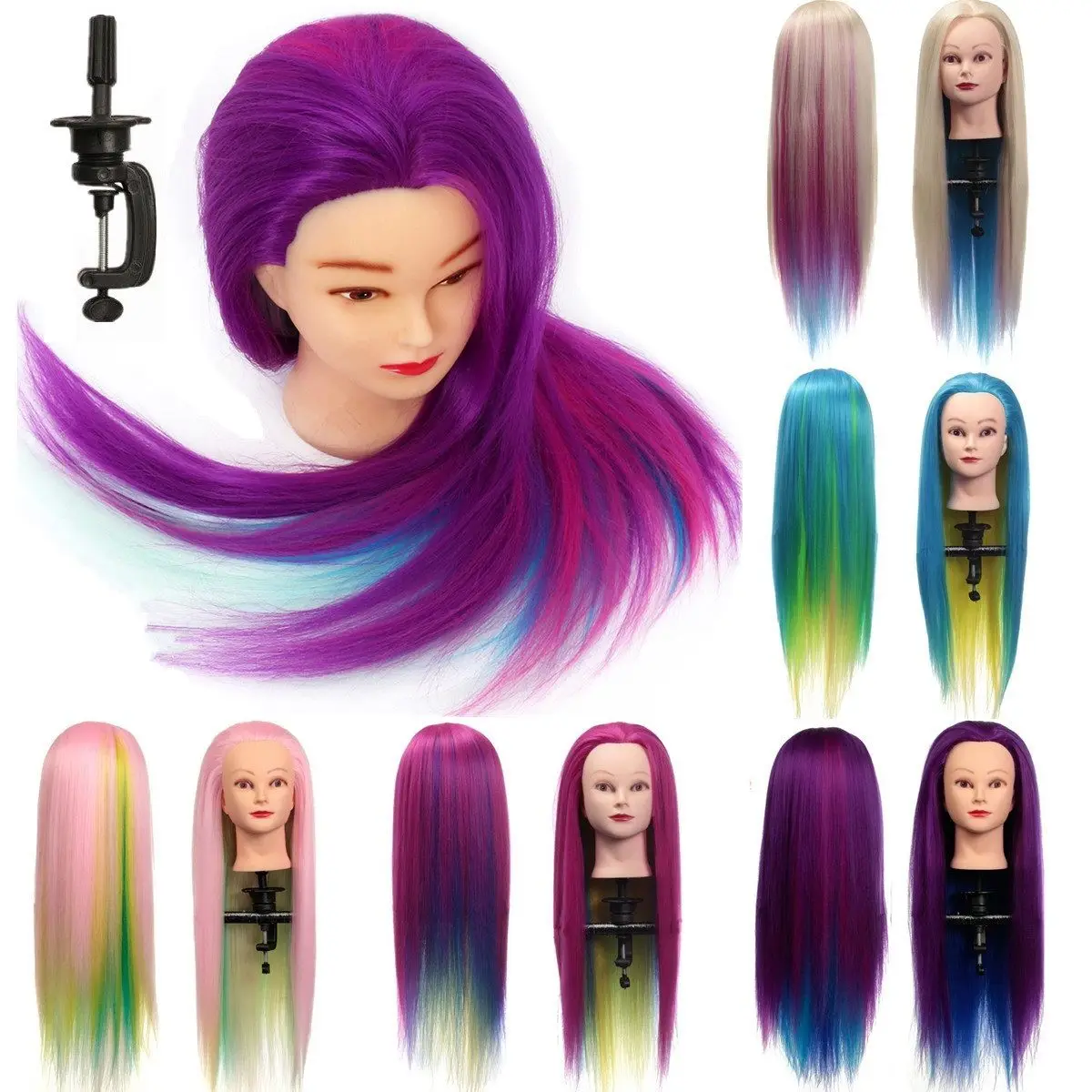 

27 inch Professional Salon Practice Head Colorful High Temperature Fiber Hair Model Hairdressing Mannequin With Clamp Holder New