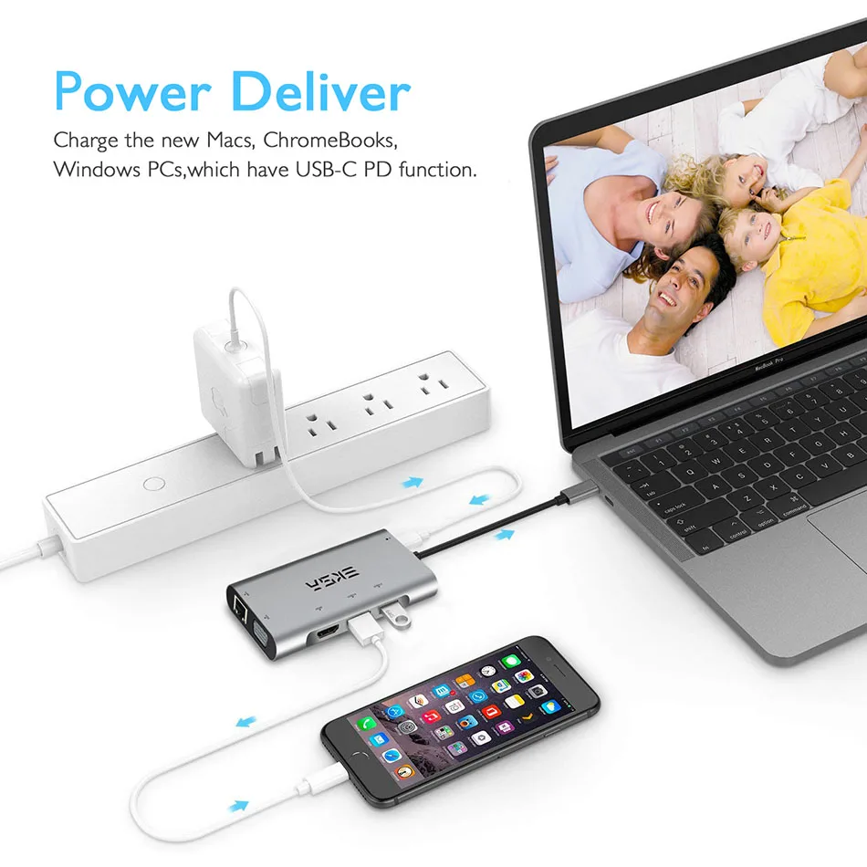 EKSA 6 в 1 usb-хаб для MacBook USB C к HDMI/VGA/RJ45 type C концентратор адаптер для Dell/samsung/huawei P20 Pro type-c USB 3,0 концентратор