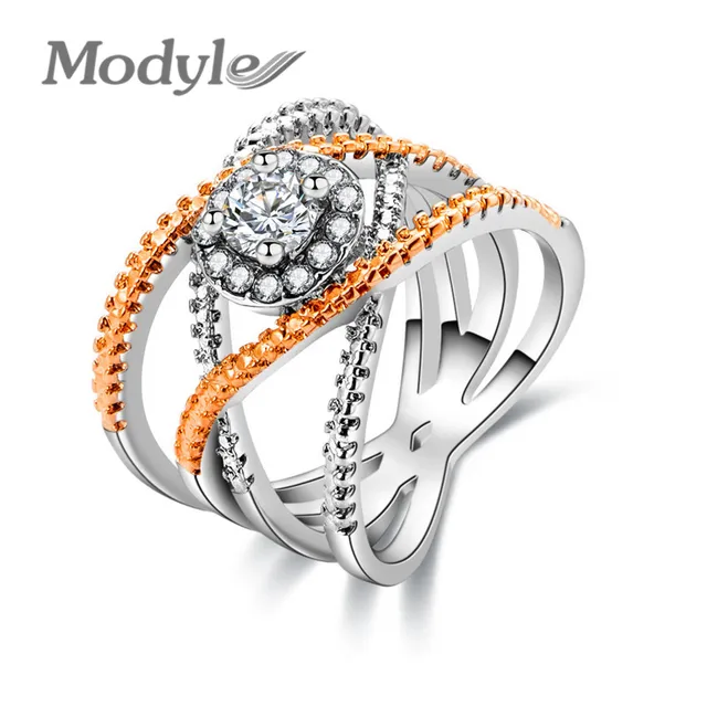 Modyle Fashion Rose Gold and White Gold Color Rings for Women Double Letter X Shape Ring Zirconia Micro Paved Women