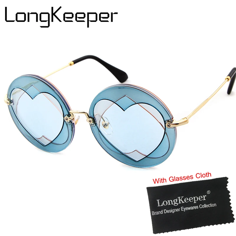 

LongKeeper Love Heart Sunglasses Women Round Vintage Metal Black Blue Party Sun Glasses Round Frames Female UV400 SMU01SJ