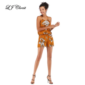 

LJ Cloest Women Playsuits Print Flower Sexy Halter Sleeveless Backless Strapless Holiday Beach Yellow Wine Red Lady Playsuits