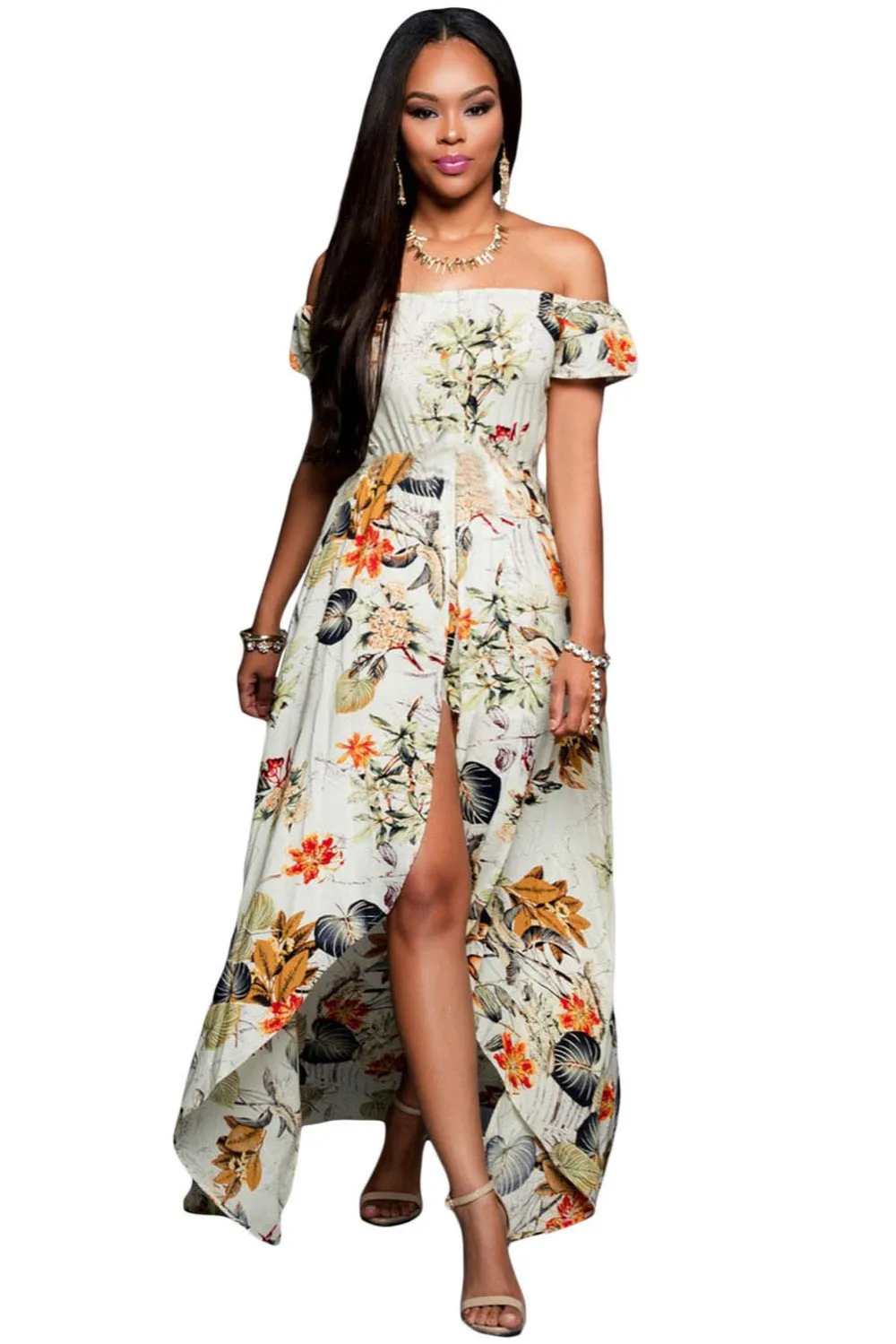 Lover Off-Shoulder Jumpsuit Women Boho Style summer Beige Floral Maxi Romper Overall largo LC64076