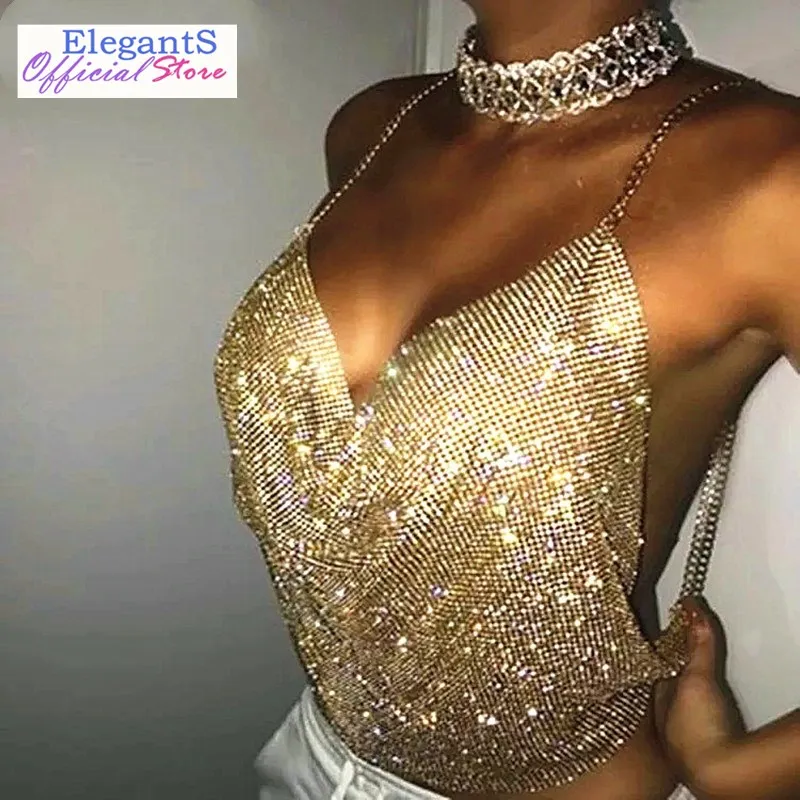 

Women Sexy Crop Top Backless Bling Metallic Sequin Shiny Gold Tank Top Vest Rhinestone Night Club Party Chain Deep V Camisole