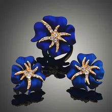 Anillo de estrellas de Mar Pendientes de Austria Cristal Azul Pintura En Aerosol Conjunto Chapado En Oro Anillo de Bodas de Compromiso Pendientes Sistemas de La Joyería