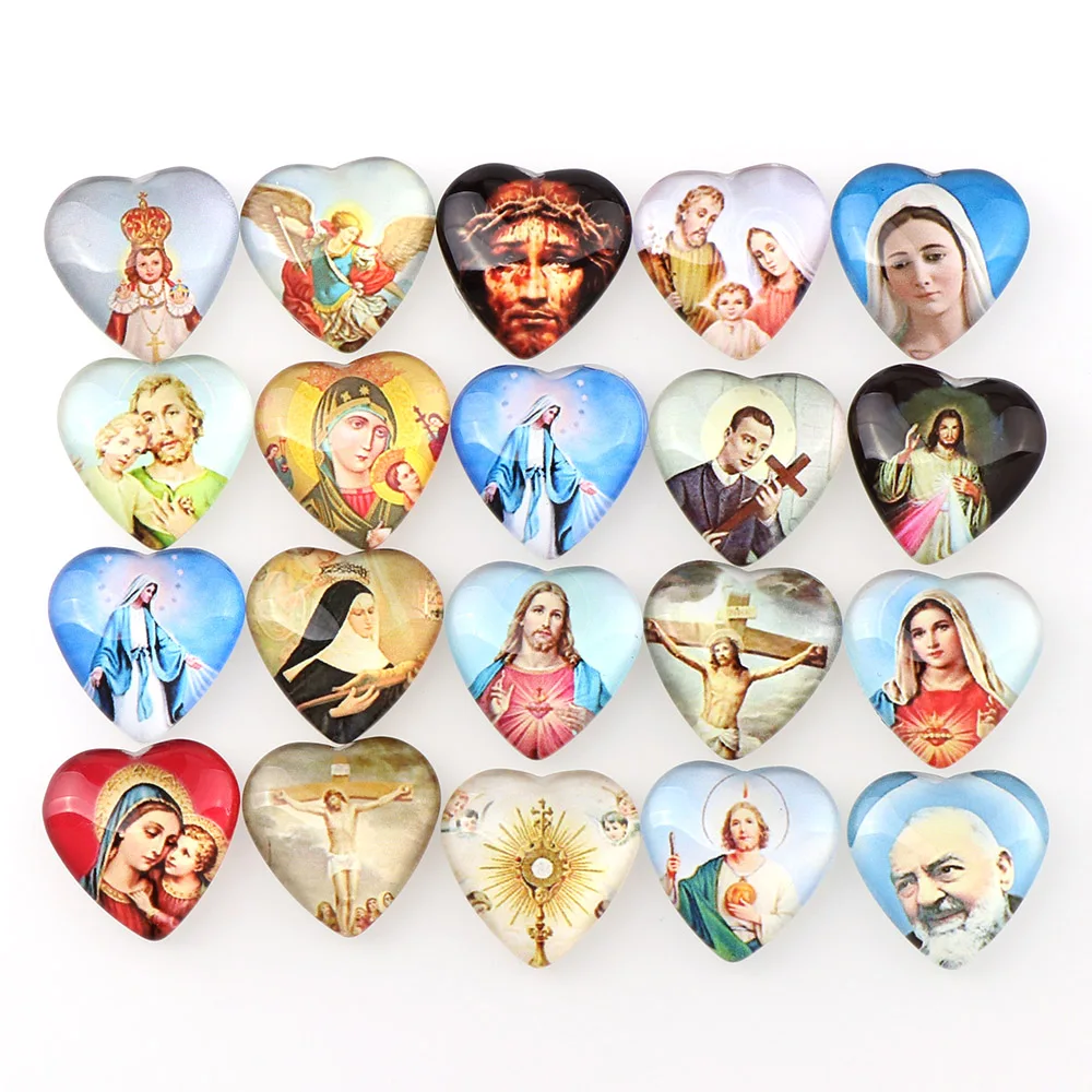 

20mm Mixed Heart Glass Cartoon Religious Cabochon Accessory Glass Cabochon DIY Ring Necklace Jewelry Saint Rita Accessories