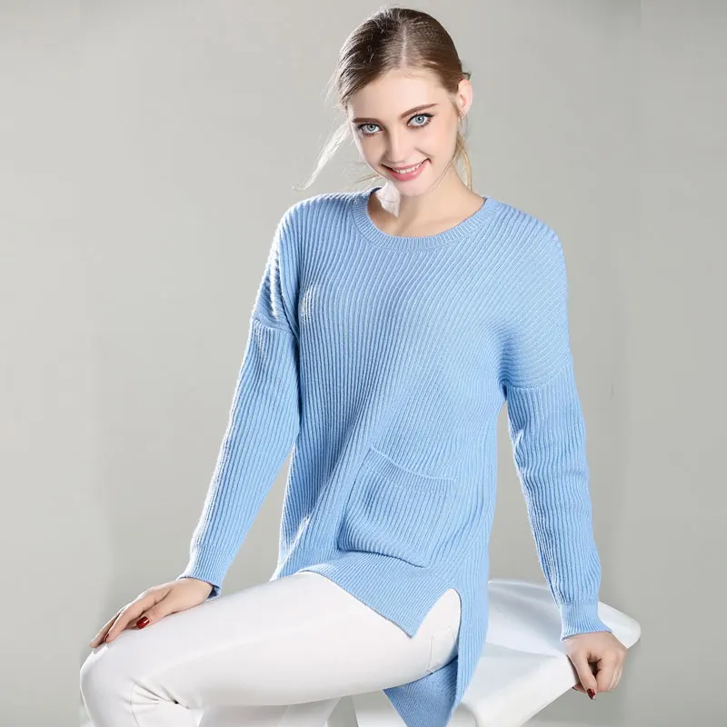 

2017 New 100% Pure Cashmere TOP quality Knitted O Neck Pullovers Long front rear pocket Ladies thick sweaters for women lady's