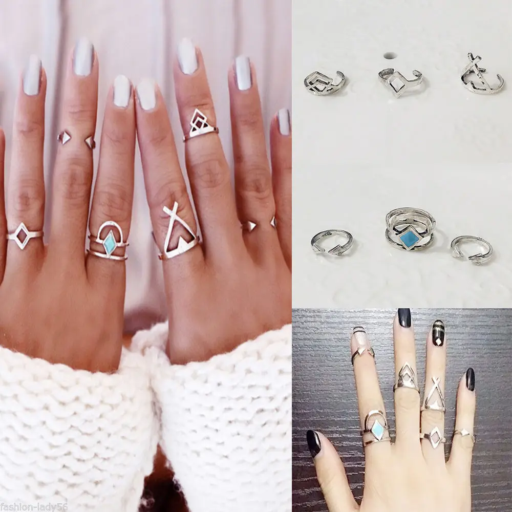 6 pcs/set Vintage Bohemian Opening Rings Stone Arrow Cross Geometric Rhombus Triangle Joint Ring