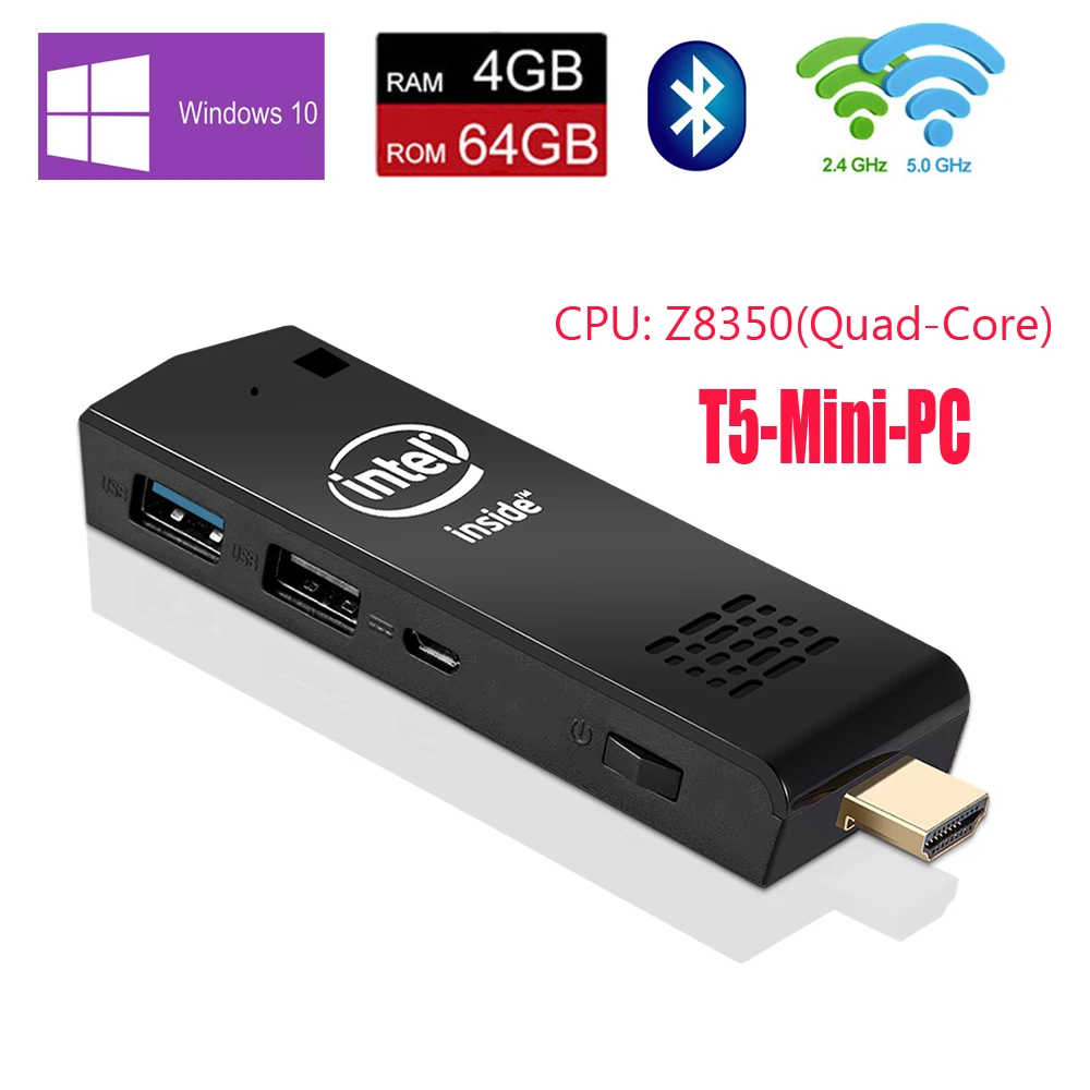 

T5 Pro Stick MINI PC 4GB 64GB 32GB eMMC Windows 10 licenced Intel Atom x5-Z8350 BT4.0 2.4G/5G Dual WiFi Pocket Computer mini pc