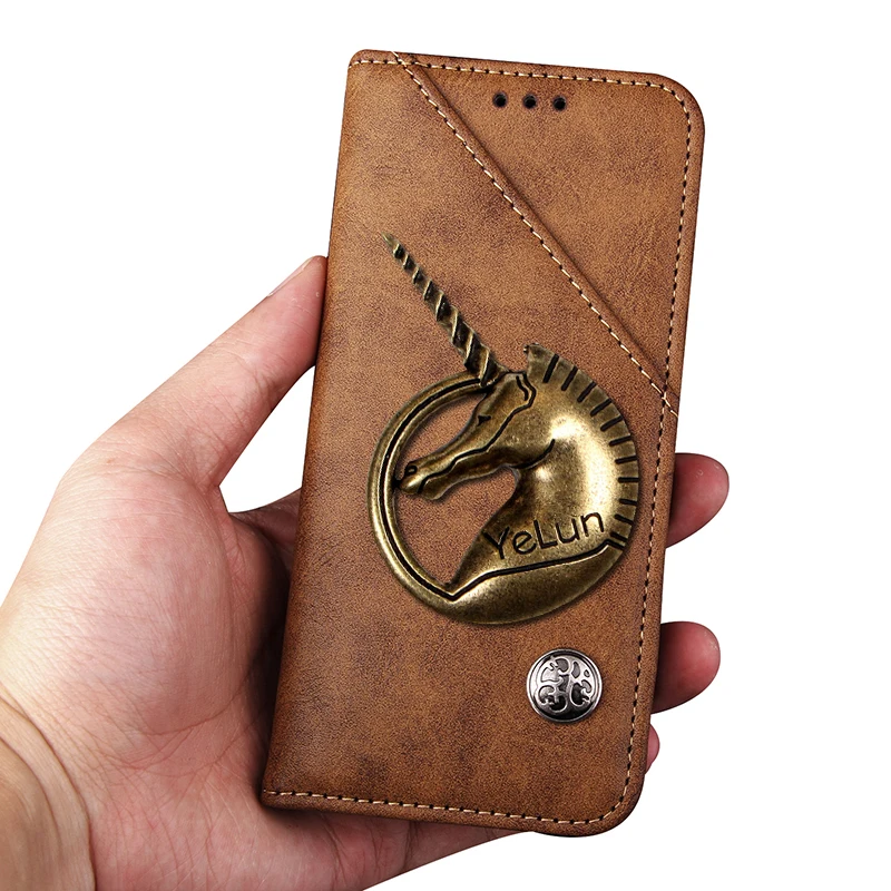 Brown Откидная кожаная крышка для Vivo Y91i, чехол для Coque Vivo Y91, чехол-Кошелек с изображением единорога, чехол-подставка для телефона - Цвет: Brown
