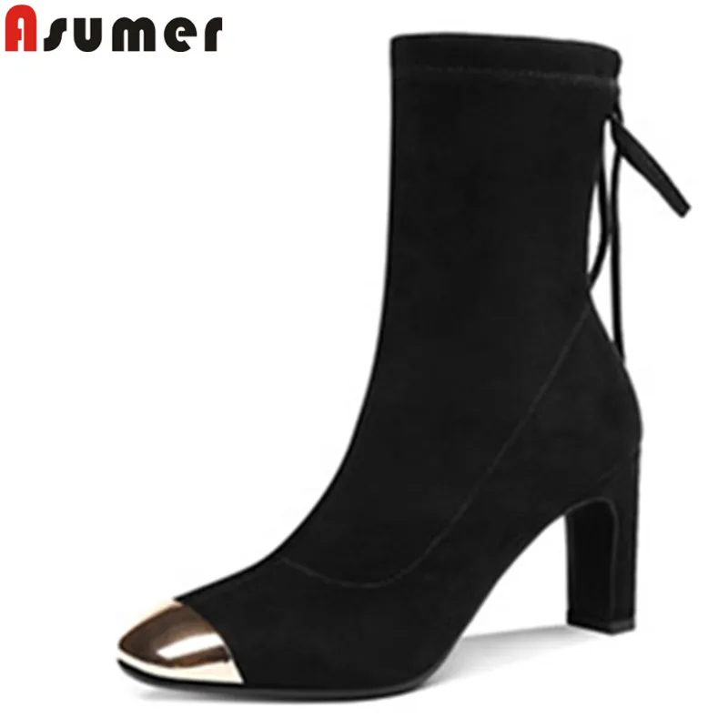 

ASUMER black fashion autumn winter boots square toe cross tied high heels ladies boots elegant flock over the knee boots