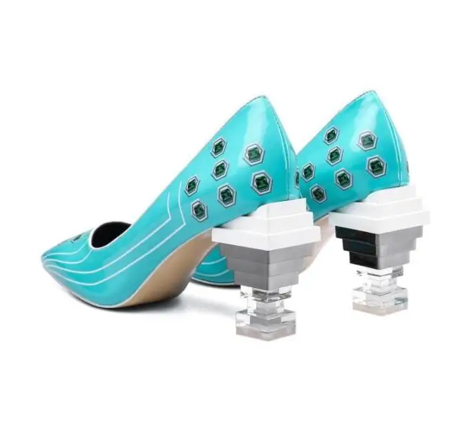 New Green Crystal Decoration Women Pumps Brand Design Square Toe Strange Style Heel Irregular Transparent Heel Runway High Heels