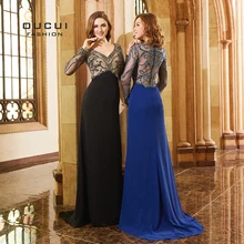 Oucui Королевский синий длинный рукав вечернее платье Глубокий v-образный вырез полный бисер жемчуг элегантное вечернее платье вечерние платья OL103272